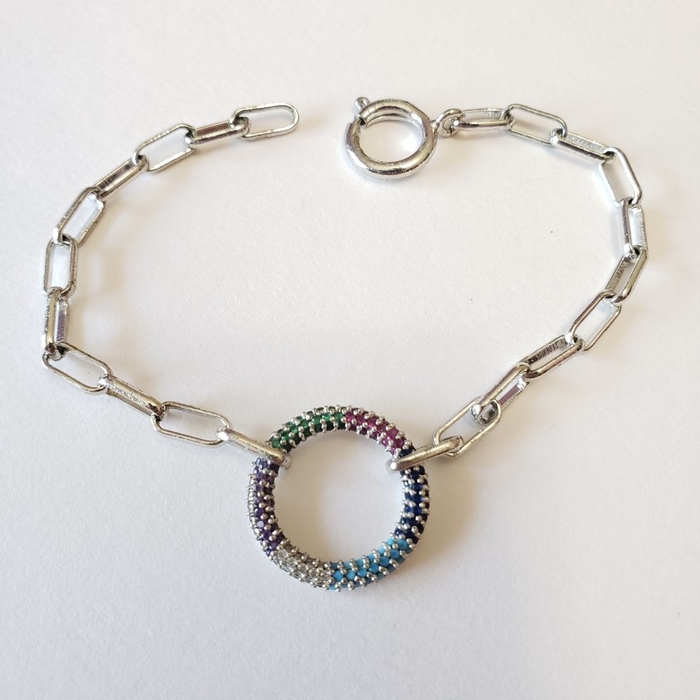 Silver tone bracelet with Circle And Colorful gems